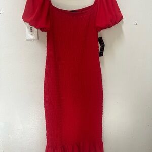 Trixxi Red Off-Shoulder Puff Sleeve Sheath Dress